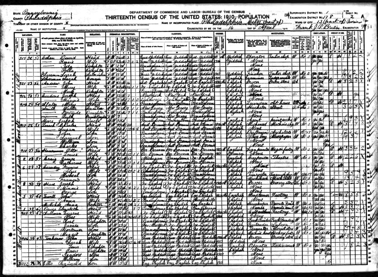 1910 Federal Census 916 Wood Rd. Philadelphia