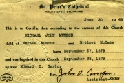 1949 copy of Batptism record for Michael John Munroe