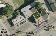 Arial view of 3021 and 3033 N. Market showing old roof line.